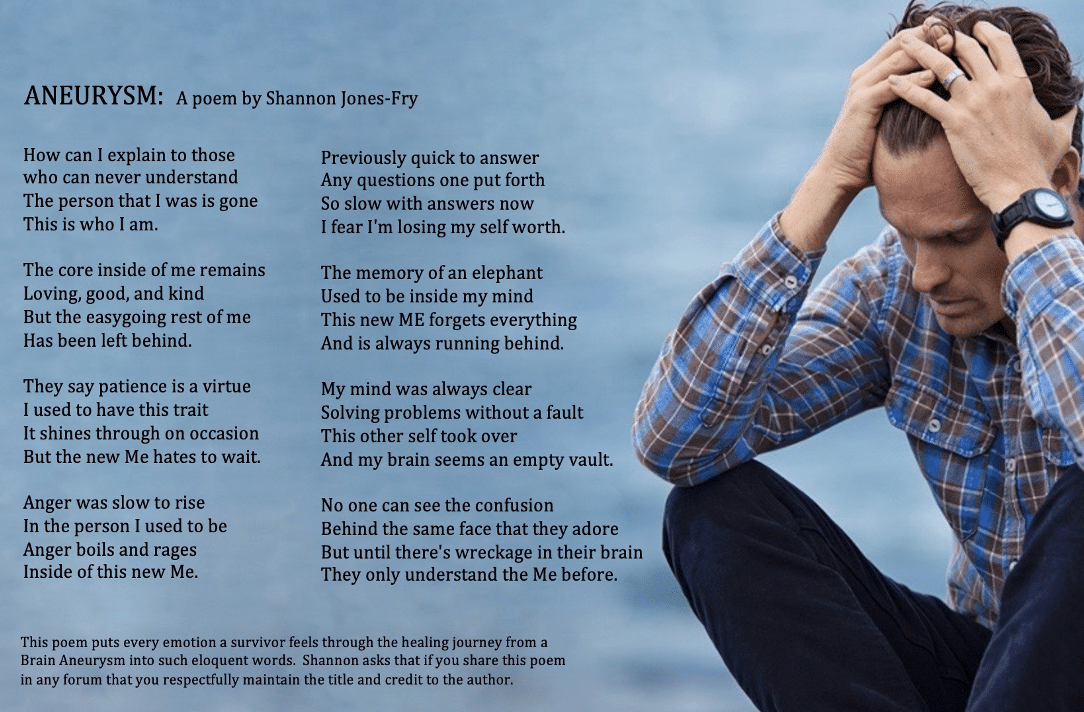 Brain aneurysm poem shown beside man holding head