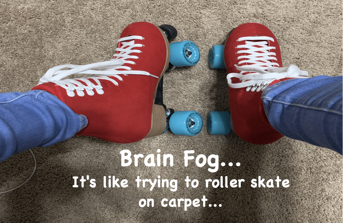 Feet with roller skates indicating brain fog on carpet
