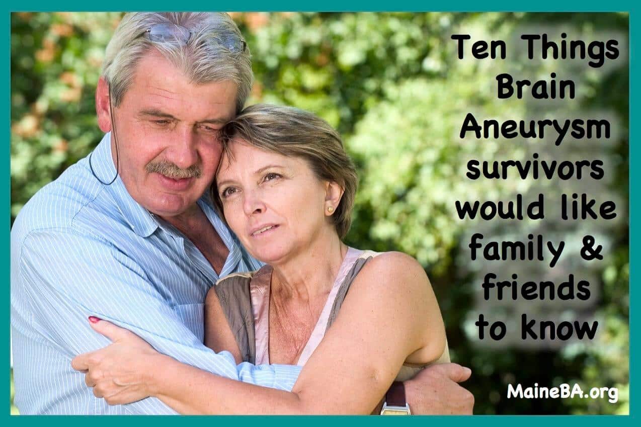 Man hugging brain aneurysm survivor woman for family and friends