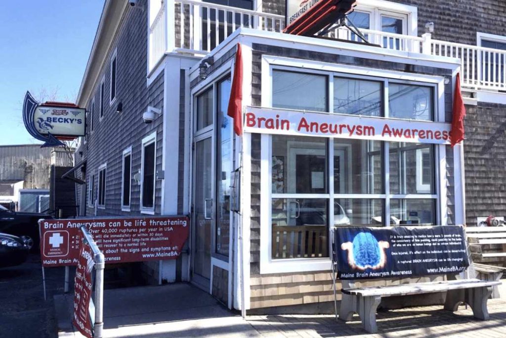 Front of Becky’s diner with Brian aneurysm awareness banners